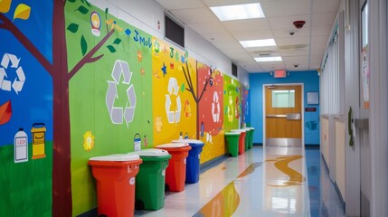 A vibrant school hallway decorated with recycling-themed murals and color-coded bins