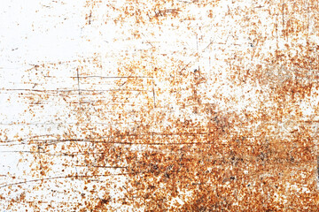 Rusty metal texture. Corrosion background. White peeling paint. Grunge rust on metal. Cracked paint pattern.