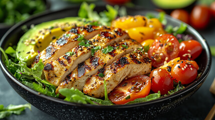 A fresh, vibrant salad with grilled chicken, avocado, and tomatoes.