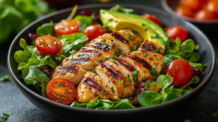 A fresh, vibrant salad with grilled chicken, avocado, and tomatoes.