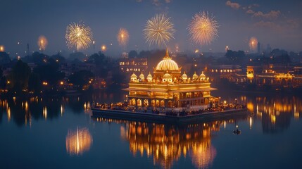 Fototapeta premium Golden fireworks bursting in the sky above a Diwali-lit city