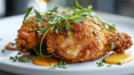 A close-up of a fried chicken thigh with a crispy, seasoned crust, set on a white plate with a garnish of fresh herbs and a light drizzle of sauce.
