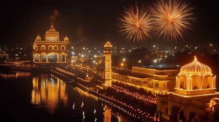 Fototapeta premium Golden fireworks bursting in the sky above a Diwali-lit city