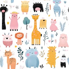 Adorable Seamless Pattern of Cute Baby Animals in Pastel Colors for Nursery Decor