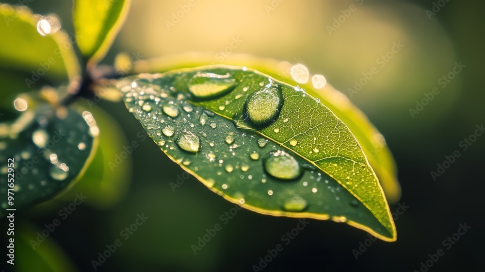 Poster A close-up of a leaf with dew drops captured in soft morning light, with the droplets reflecting the surrounding environment and adding depth to the image.