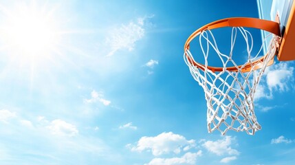 Scoring in basketball, net and blue sky scene