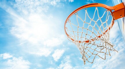 Scoring in basketball, net and blue sky scene