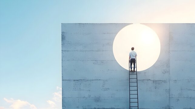 Ambitious Businessman Scaling Corporate Ladder Towards Sunlit Skies