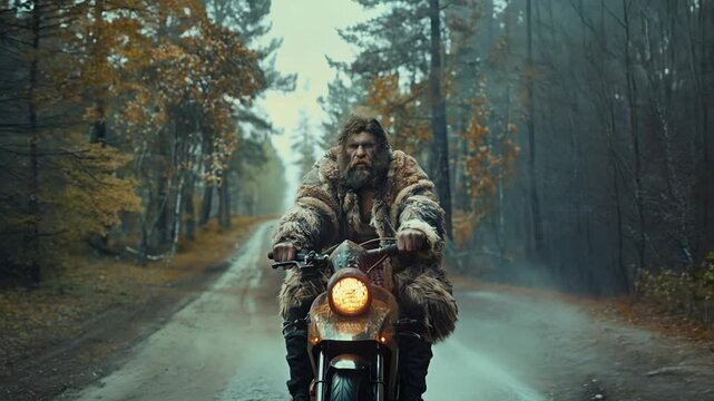 A Neanderthal expertly navigates a vintage motorcycle through a dense, misty forest, embodying a unique blend of ancient and modern exploration. This journey reveals the thrill of discovery.