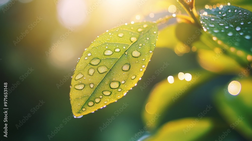 Poster A close-up of a leaf with dew drops captured in soft morning light, with the droplets reflecting the surrounding environment and adding depth to the image.