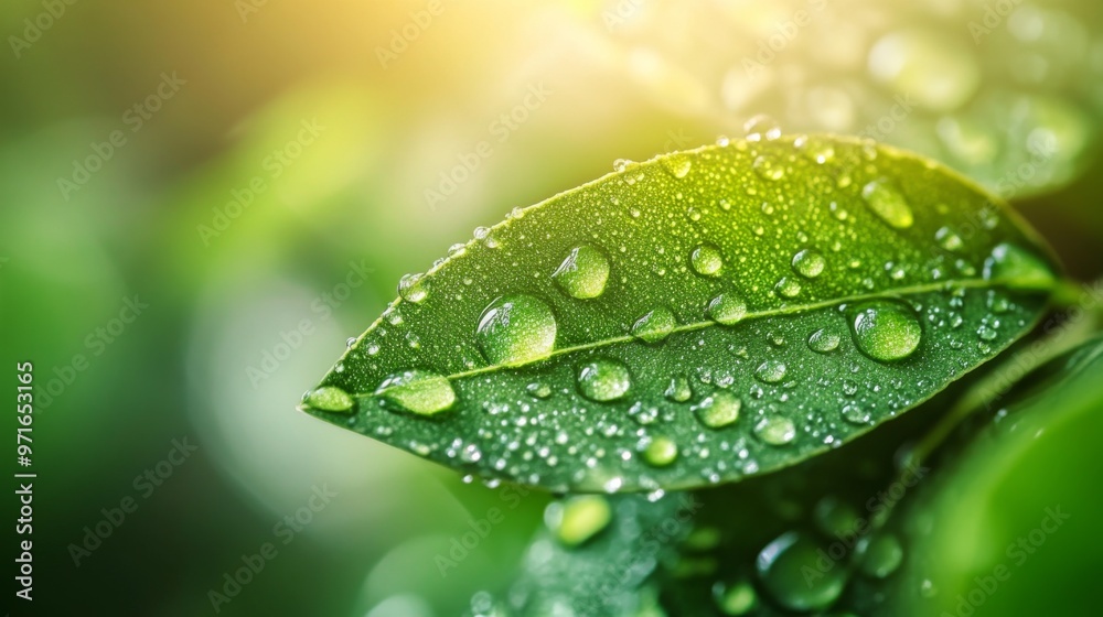 Poster A close-up of a leaf with dew drops captured in soft morning light, with the droplets reflecting the surrounding environment and adding depth to the image.