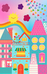 colorful city abstract cheerful cute pink blue cartoon