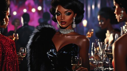 A glamorous 70s black fashion scene, featuring elegant evening gowns, fur stoles, and glitzy jewelry, highlighting black glamour of the disco era © chutikan