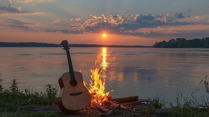 Summer beach bash  bonfire, acoustic guitar melodies, and sunset marshmallow roasting fun
