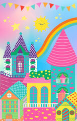 colorful city abstract cheerful cute pink blue cartoon