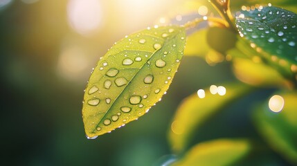 A close-up of a leaf with dew drops captured in soft morning light, with the droplets reflecting the surrounding environment and adding depth to the image.