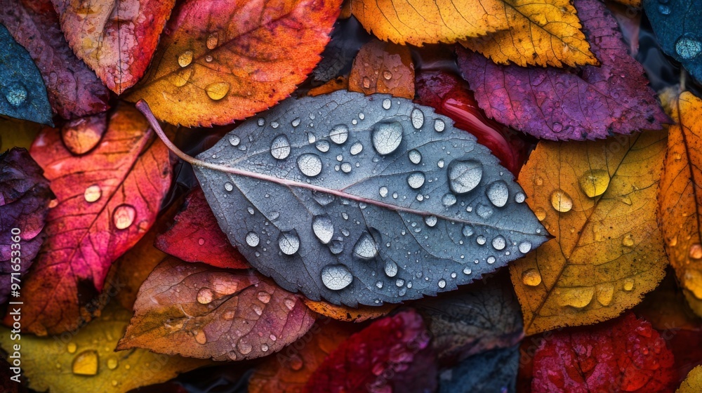 Poster a close-up of a leaf with dew drops on a colorful autumn background, highlighting the contrast betwe