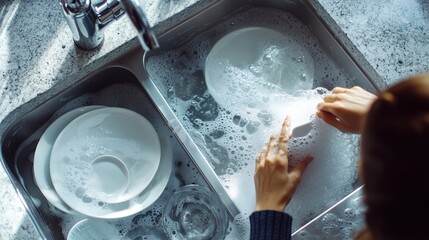 Washing dishes in a modern kitchen sink filled with soapy water during late afternoon hours