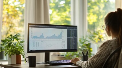 A home office setup with a person analyzing financial graphs on a large monitor, coffee cup on the desk, cozy yet professional environment, natural lighting