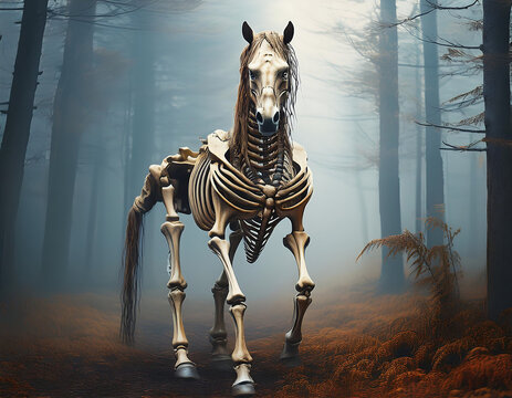  Horse skeleton walking through a foggy forest, creating a spooky and haunting Halloween sce_1(584)