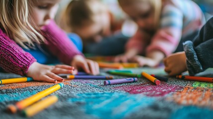 Obraz premium A group of children are coloring on a rug with crayons.