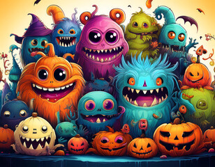  Illustration of various Halloween monsters, featuring whimsical and colorful characters_1(588)