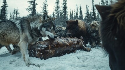 Fototapeta premium Wolves and a Bear Feasting on a Moose Carcass in a Snowy Forest