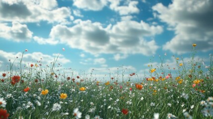 Obraz premium A Field of Wildflowers Blooming Under a Blue Sky