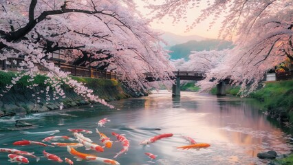 A serene Japanese countryside scene with a gently flowing river in Springtime.jpeg