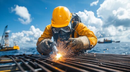 Submerged construction welding, diver in full gear