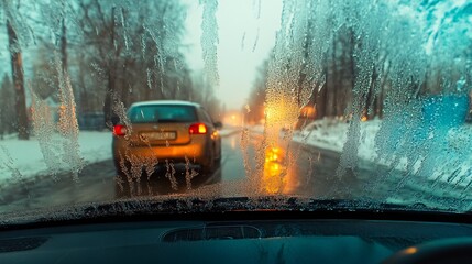 Frost on a car window with a blurred winter scene