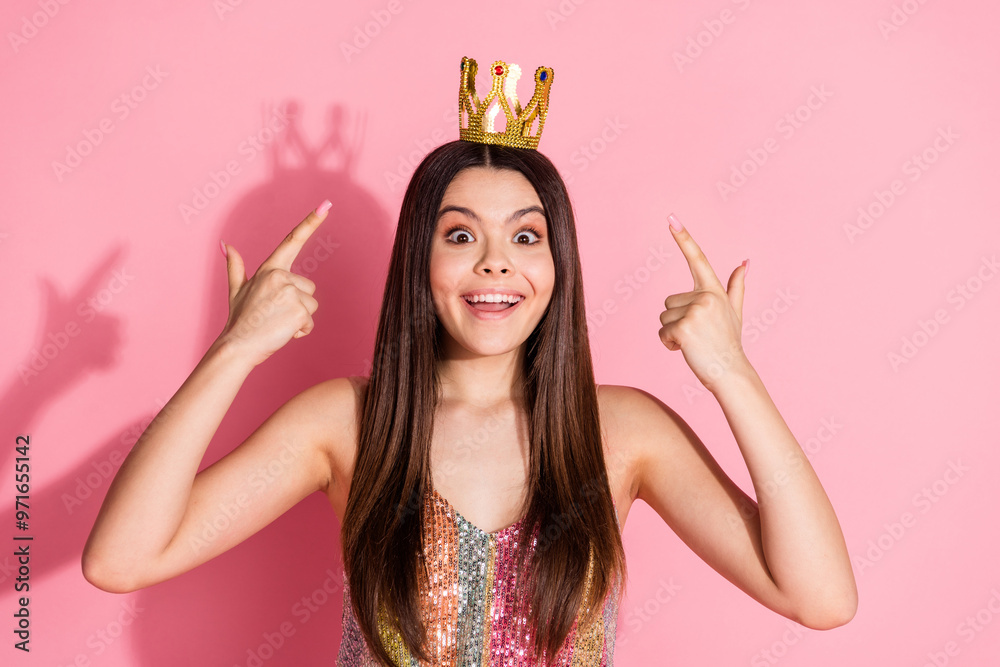 Sticker photo of shiny excited lady dressed singlet pointing fingers crown empty space isolated pink color b