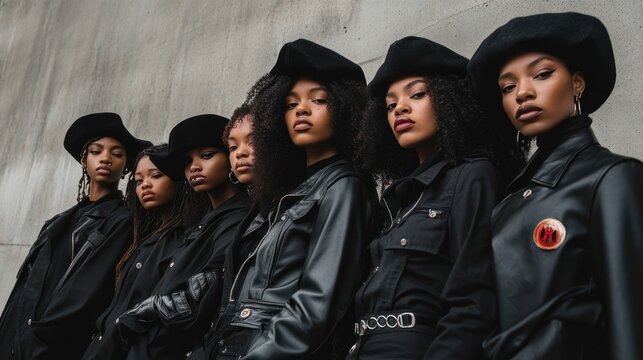 A tribute to Black Panther Party fashion, with models wearing black leather jackets, berets, and combat boots, combined with cultural symbols and revolutionary spirit