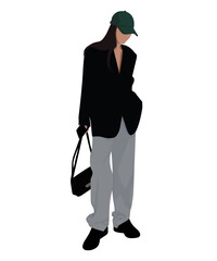 Vector illustration of a girl in a black jacket, gray pants and black sneakers. The image is complemented by a green cap.
