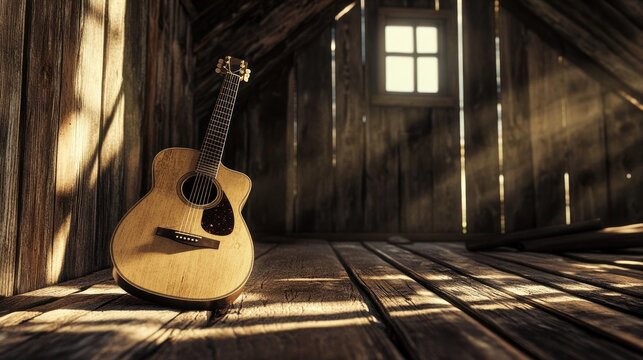A vintage acoustic guitar being played in an old barn, natural acoustics,