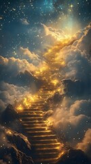 A golden stairway leading into the clouds, glowing with light from above. The sky is filled with white and grey fluffy clouds