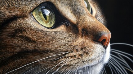 Cat close-up, nose and whiskers in sharp detail, soft fur surrounding, calm and serene expression