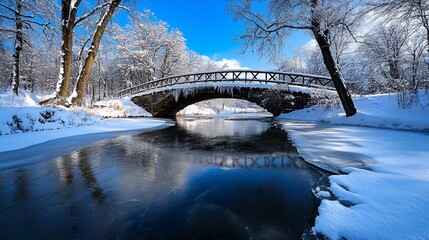 Snow-covered bridge over a frozen river