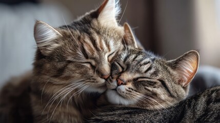 Naklejka premium Cat grooming another cat, gentle and affectionate behavior, warm and cozy setting, soft fur