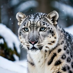 Obraz premium Portrait of a snow leopard in a snowy forest. AI generated