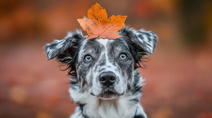 portrait of a dog  sitting with an autumn leaf on his head