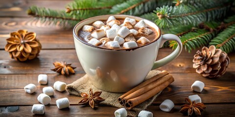 Fototapeta premium A cozy winter cup of hot chocolate topped with marshmallows, surrounded by cinnamon sticks and pine decorations on a rustic wooden table. Perfect for holiday moments.