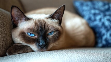 Cat with blue eyes resting on a sofa, eyes half-closed, serene and peaceful expression, warm and cozy home environment