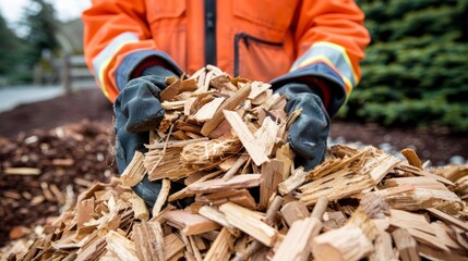 Obraz premium Farmer utilizes biomass such as wood chips and waste to enhance renewable energy and sustainability