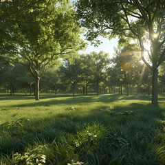 Obraz premium A serene nature scene with tall, lush trees, vibrant green grass, and soft sunlight filtering through the leaves, creating a peaceful atmosphere perfect for outdoor-themed designs.