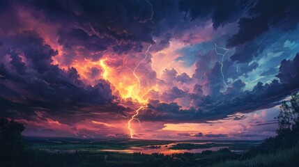 Obraz premium Dramatic Sunset Landscape with Lightning Strike and River