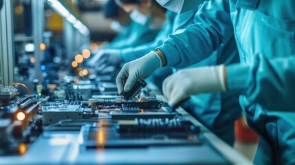 Close-up of an assembly line, workers meticulously handling small components, advanced technology in action, industrial precision