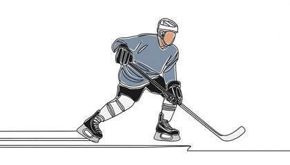 Single continuous line drawing of hockey player on skates