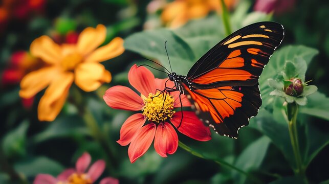 A vibrant orange butterfly with black stripes sits on a bright red flower.