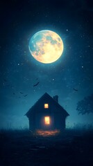 Fototapeta premium Creepy Haunted Mansion with Ominous Full Moon and Bats in the Night Sky